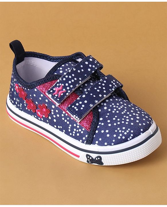 Cute Walk by Babyhug Polka Dots Printed Casual Shoes with Velcro Closure & Floral Applique - Pink