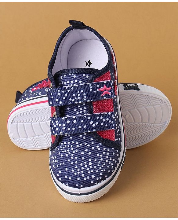 Cute Walk by Babyhug Polka Dots Printed Casual Shoes with Velcro Closure & Floral Applique - Pink