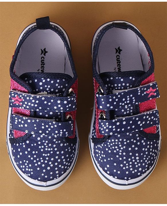 Cute Walk by Babyhug Polka Dots Printed Casual Shoes with Velcro Closure & Floral Applique - Pink