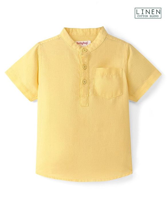 Babyhug Cotton Linen Half Sleeves Kurta Style Mandarin Neck Shirt - Yellow