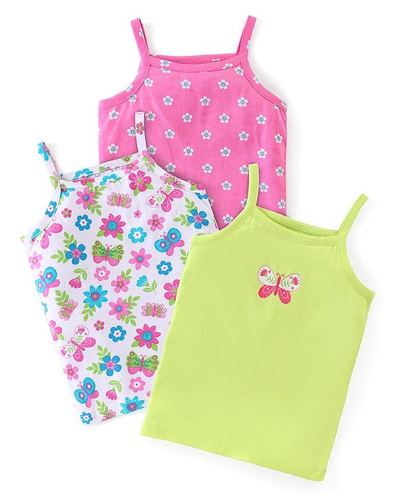 Babyhug 100% Cotton Knit Sleeveless Slips with Floral & Butterfly Print Pack of 3 - Multicolor