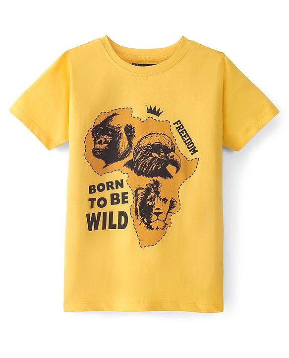 Pine Kids Cotton Knit Half Sleeves T-Shirt Lion Print - Snapdragon Yellow