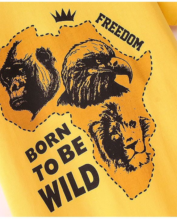 Pine Kids Cotton Knit Half Sleeves T-Shirt Lion Print - Snapdragon Yellow