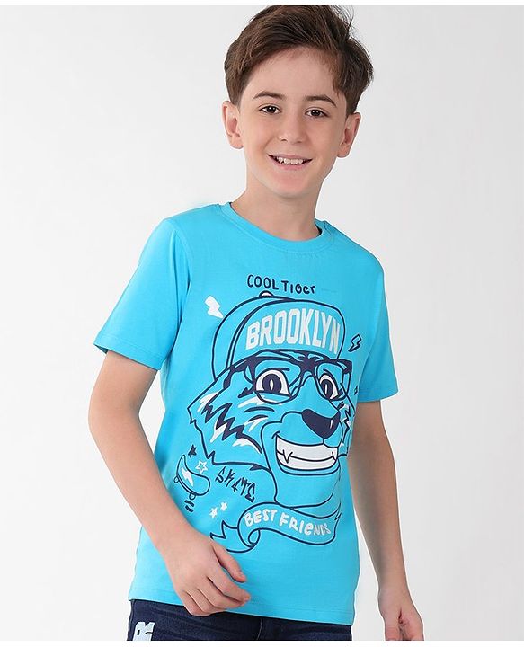Pine Kids Cotton Knit Half Sleeves T-Shirt Lion Print - Blue Atoll