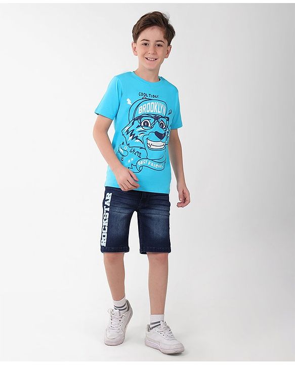 Pine Kids Cotton Knit Half Sleeves T-Shirt Lion Print - Blue Atoll