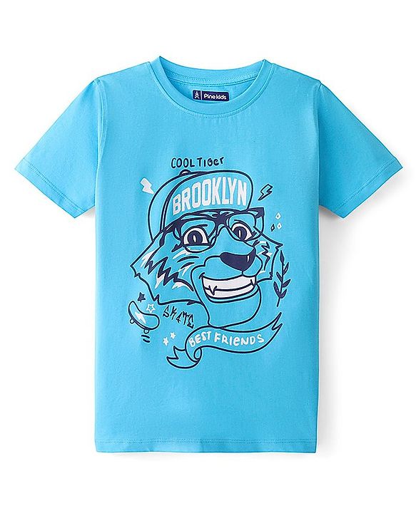 Pine Kids Cotton Knit Half Sleeves T-Shirt Lion Print - Blue Atoll