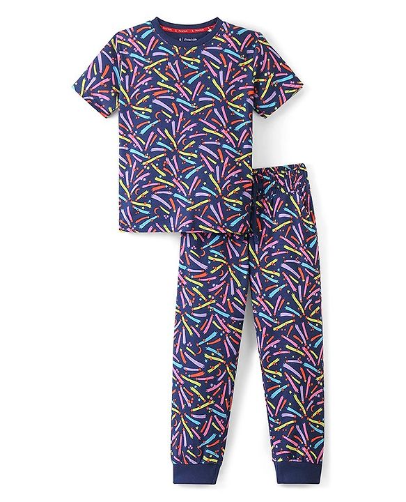 Pine Kids 100% Cotton Single Jersey Knit Half Sleeves Night Suit Shooting Star Print - Navy Blue