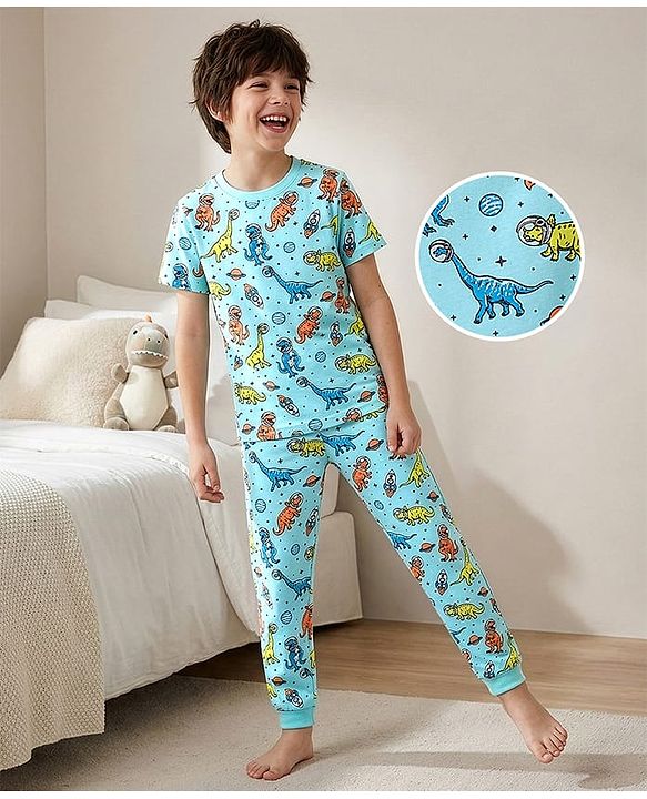 Pine Kids Cotton Knit Half Sleeves Night Suit Dino Print - Blue
