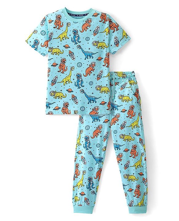 Pine Kids Cotton Knit Half Sleeves Night Suit Dino Print - Blue