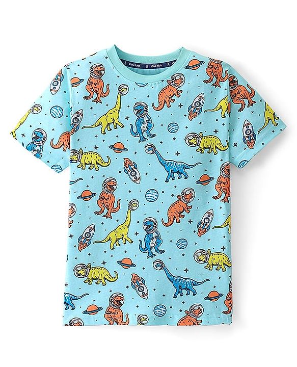 Pine Kids Cotton Knit Half Sleeves Night Suit Dino Print - Blue