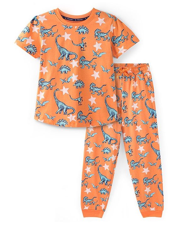 Pine Kids Single Jersey Half Sleeves Night Suit Dino & Stars Print - Orange
