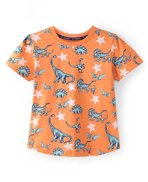 Pine Kids Single Jersey Half Sleeves Night Suit Dino & Stars Print - Orange