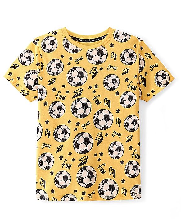 Pine Kids 100% Cotton Knit Half Sleeves Football Printed Night Suit - Yellow