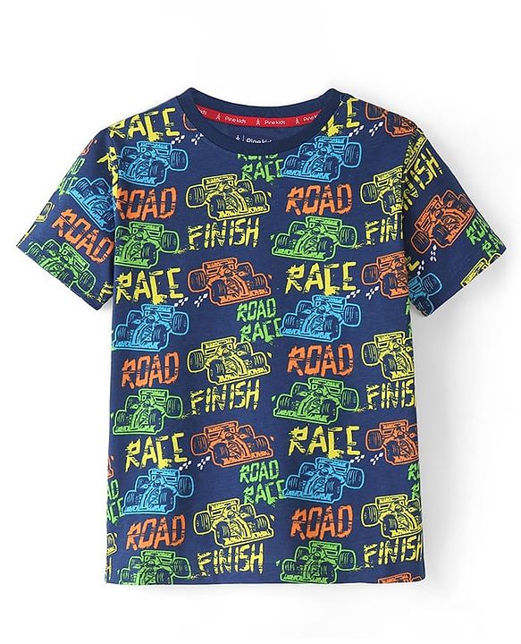 Pine Kids 100% Cotton Knit Single Jersey Half Sleeves Night Suit With Text Print - Navy Blue