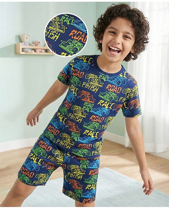 Pine Kids 100% Cotton Knit Single Jersey Half Sleeves Night Suit With Text Print - Navy Blue