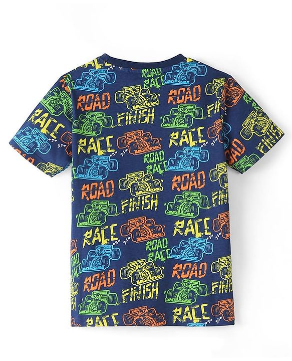 Pine Kids 100% Cotton Knit Single Jersey Half Sleeves Night Suit With Text Print - Navy Blue
