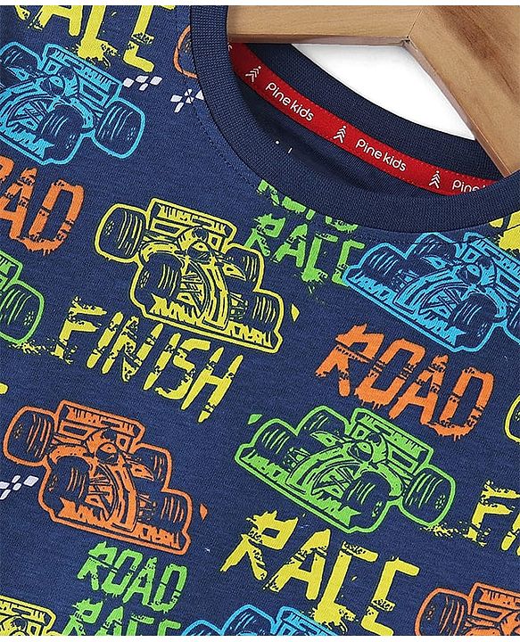 Pine Kids 100% Cotton Knit Single Jersey Half Sleeves Night Suit With Text Print - Navy Blue
