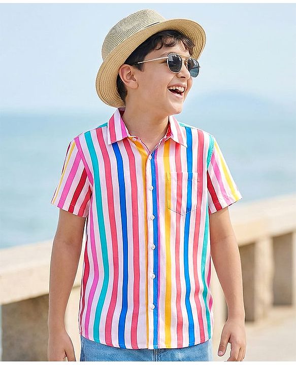 Pine Kids Viscose Woven Half Sleeves Striped Shirt - Multicolour
