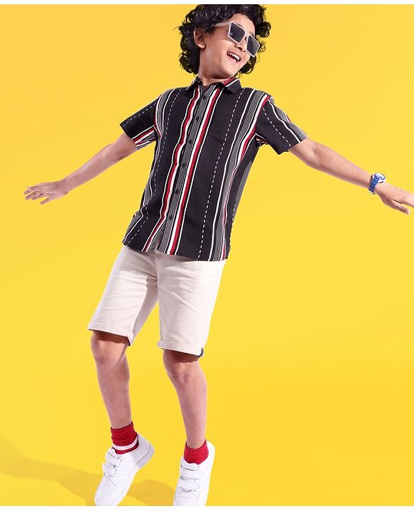 Pine Kids Viscose Woven Half Sleeves Striped Shirt - Multicolour