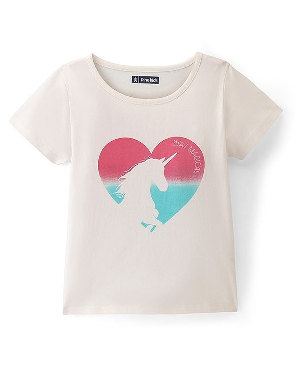 Pine Kids Cotton Half Sleeves T-Shirt Unicorn in Heart Print - Snow White