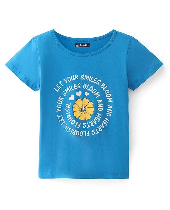 Pine Kids 100% Cotton Knit Half Sleeves T-Shirts Text & Flower Print - Blue