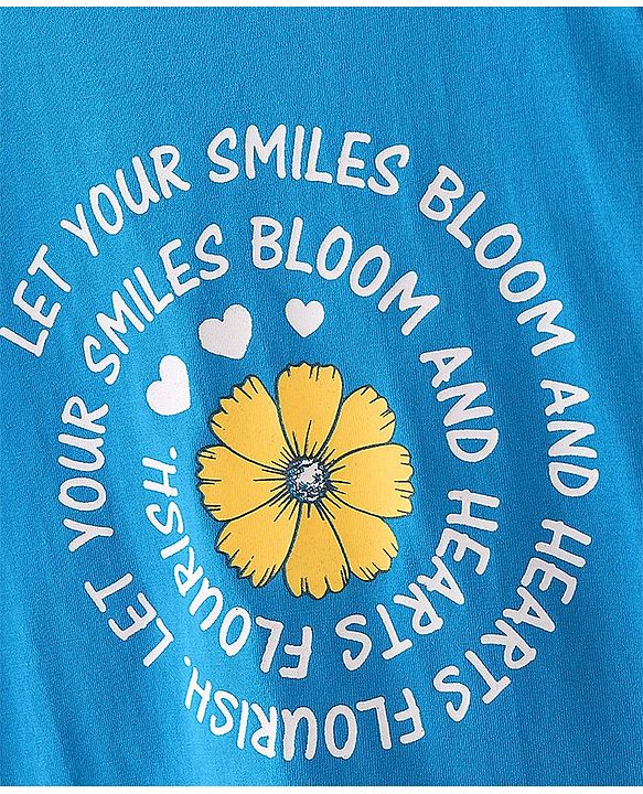 Pine Kids 100% Cotton Knit Half Sleeves T-Shirts Text & Flower Print - Blue