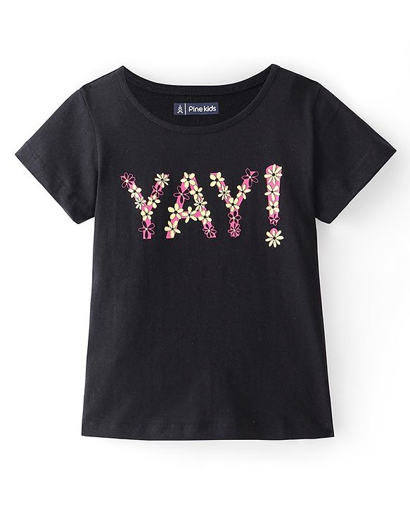 Pine Kids 100% Cotton Half Sleeves Text with Floral Print T-Shirt - Black