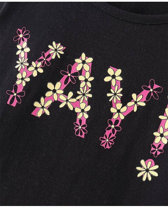 Pine Kids 100% Cotton Half Sleeves Text with Floral Print T-Shirt - Black