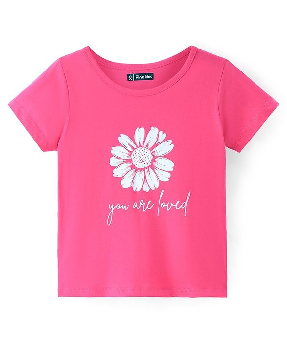 Pine Kids 100% Cotton Half Sleeves T-Shirt With Floral Print - Pink