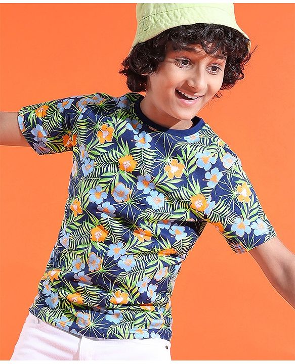 Pine Kids 100% Cotton Knit Half Sleeves T-Shirt Floral Print - Multicolour