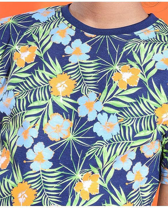 Pine Kids 100% Cotton Knit Half Sleeves T-Shirt Floral Print - Multicolour