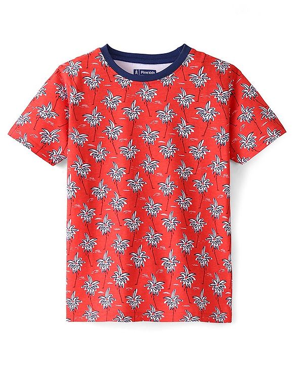 Pine Kids 100% Cotton Knit Half Sleeves T-Shirt Leafy Print - Red
