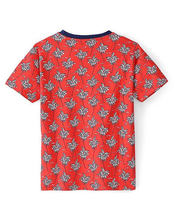 Pine Kids 100% Cotton Knit Half Sleeves T-Shirt Leafy Print - Red