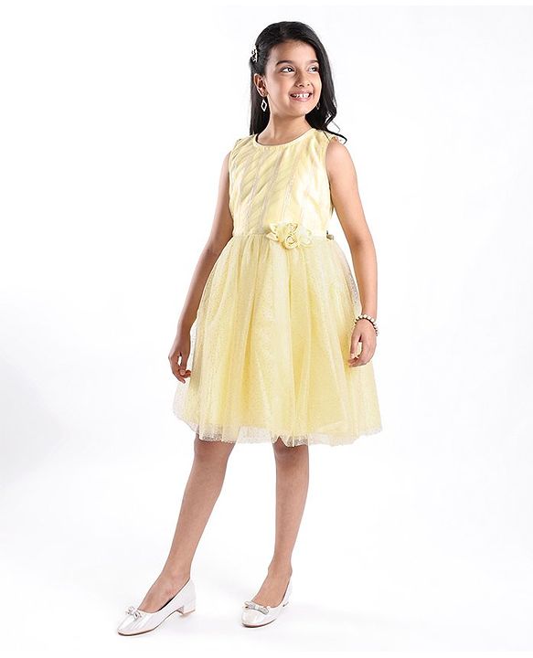 Pine Kids Woven Sleeveless Sequinned Party Frock with Floral Applique - Yellow