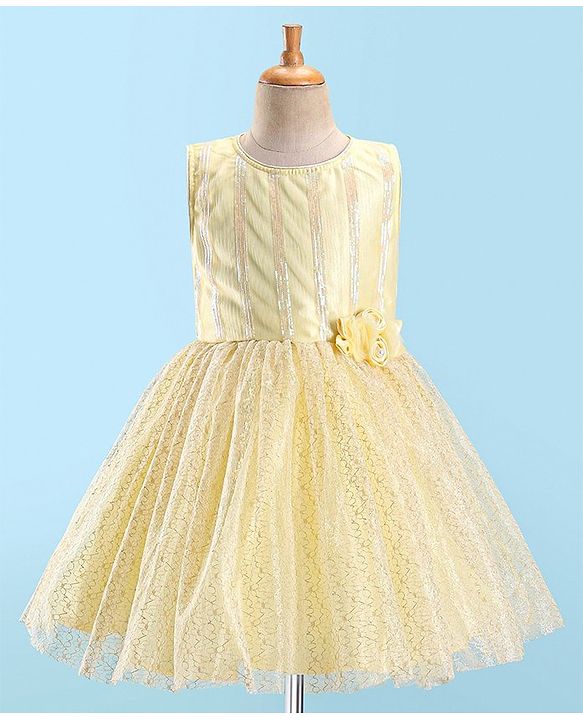 Pine Kids Woven Sleeveless Sequinned Party Frock with Floral Applique - Yellow