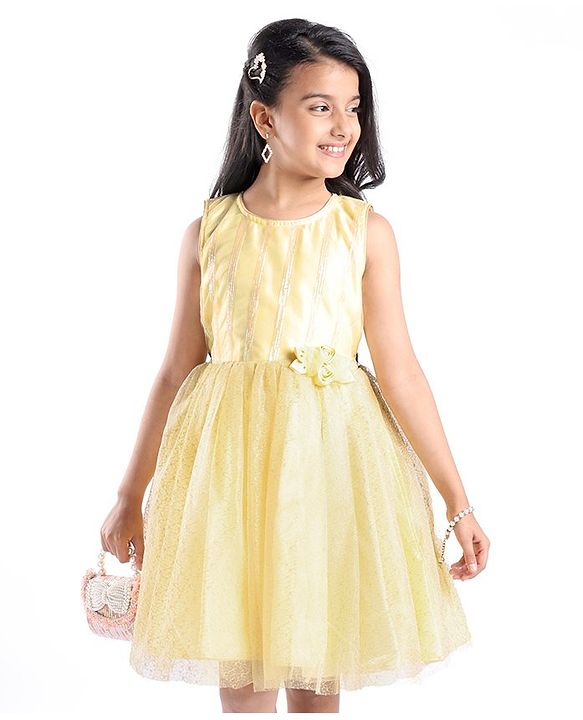 Pine Kids Woven Sleeveless Sequinned Party Frock with Floral Applique - Yellow