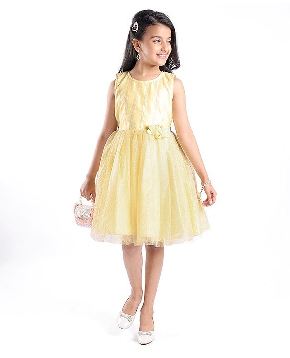 Pine Kids Woven Sleeveless Sequinned Party Frock with Floral Applique - Yellow