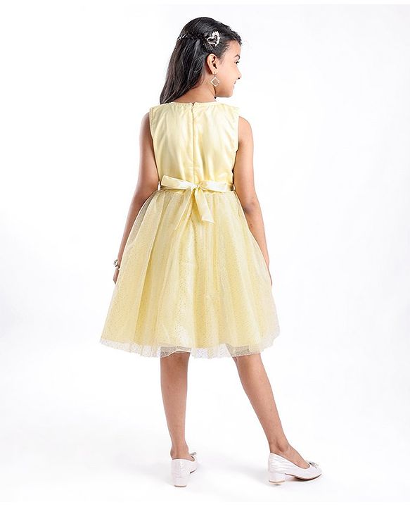 Pine Kids Woven Sleeveless Sequinned Party Frock with Floral Applique - Yellow