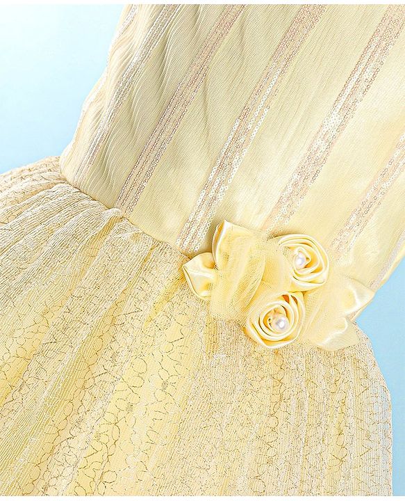 Pine Kids Woven Sleeveless Sequinned Party Frock with Floral Applique - Yellow
