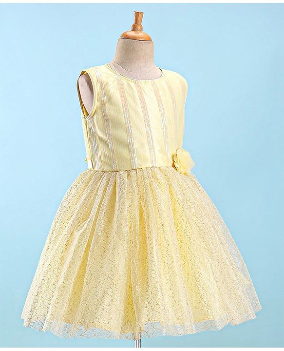 Pine Kids Woven Sleeveless Sequinned Party Frock with Floral Applique - Yellow