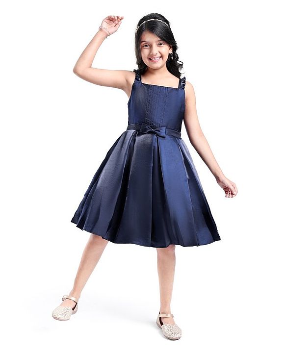 Pine Kids Woven Sleevless Frock With Pleats & Bow - Navy Blue