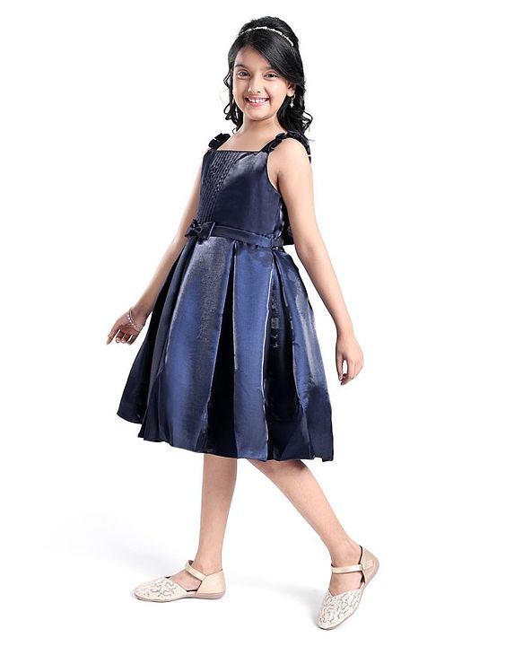 Pine Kids Woven Sleevless Frock With Pleats & Bow - Navy Blue