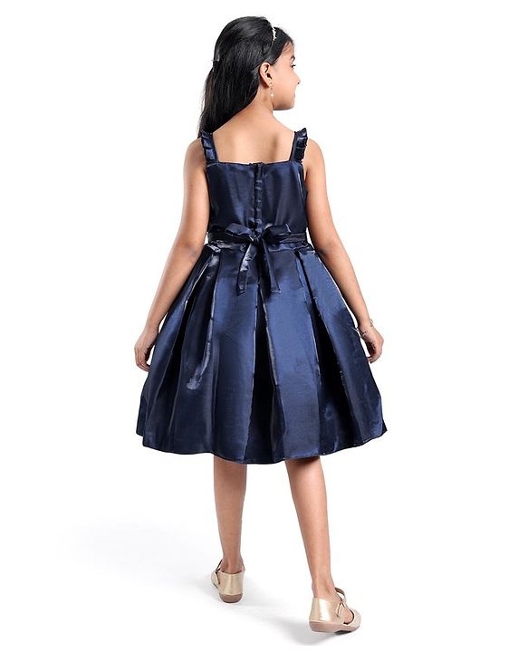 Pine Kids Woven Sleevless Frock With Pleats & Bow - Navy Blue