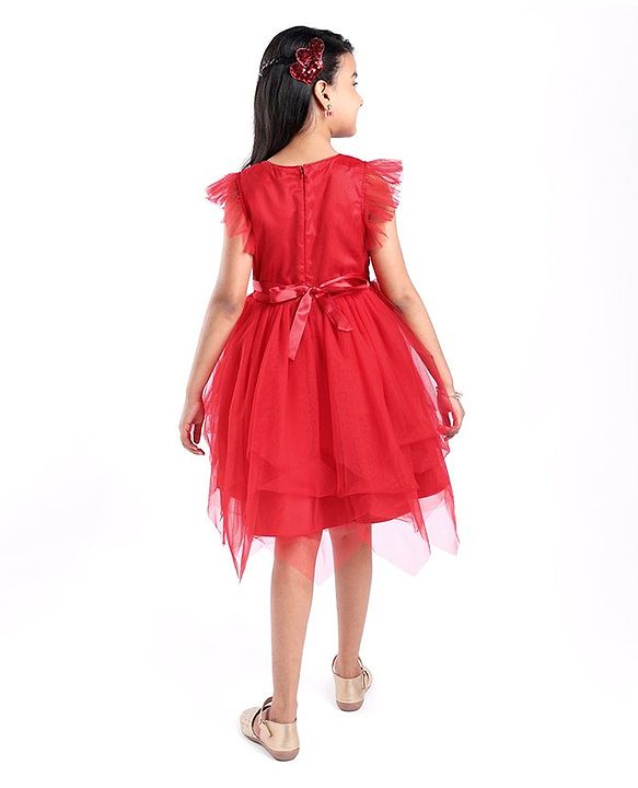 Pine Kids Woven Frill Sleeves Floral Embroidered Party Dress with Sequin Detailing - Scarlet Red