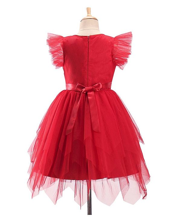 Pine Kids Woven Frill Sleeves Floral Embroidered Party Dress with Sequin Detailing - Scarlet Red