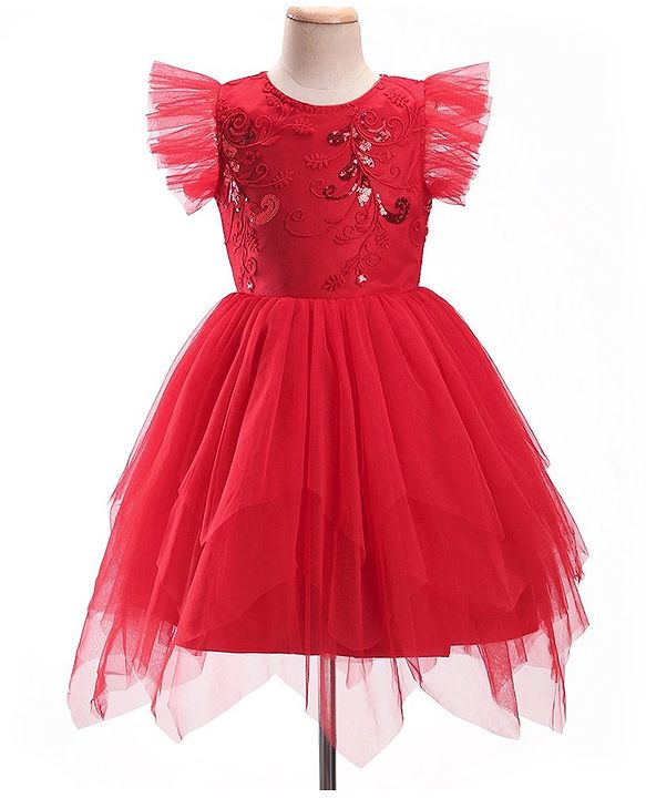Pine Kids Woven Frill Sleeves Floral Embroidered Party Dress with Sequin Detailing - Scarlet Red