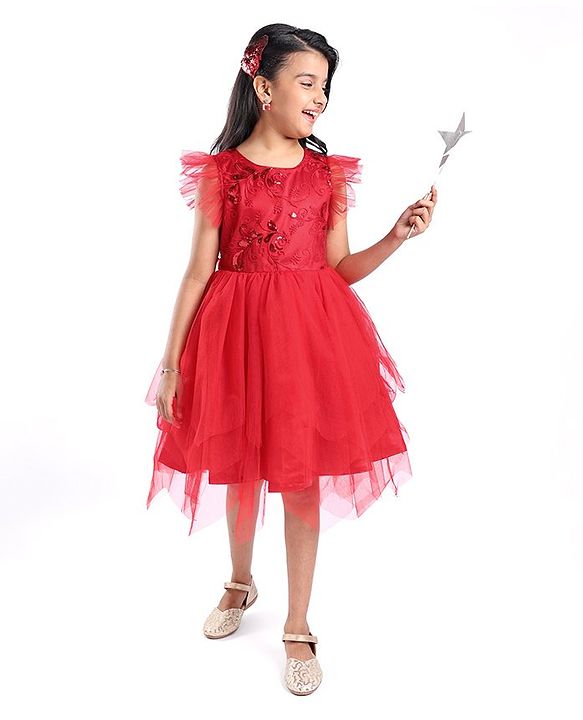Pine Kids Woven Frill Sleeves Floral Embroidered Party Dress with Sequin Detailing - Scarlet Red