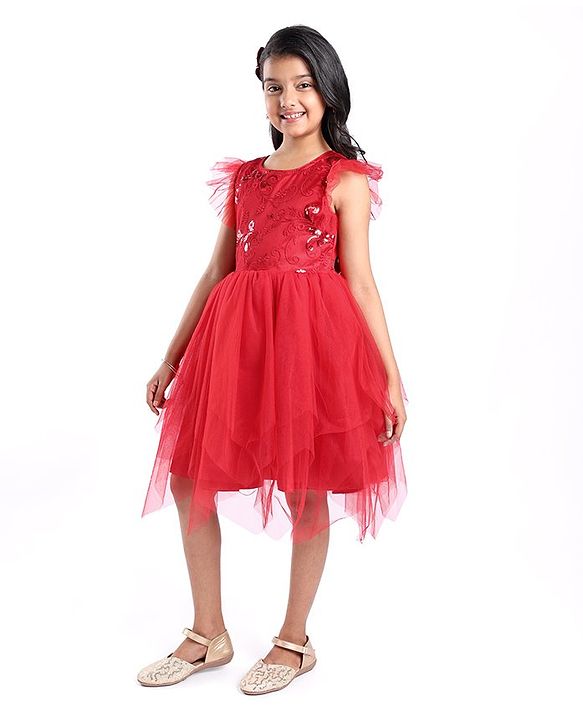 Pine Kids Woven Frill Sleeves Floral Embroidered Party Dress with Sequin Detailing - Scarlet Red