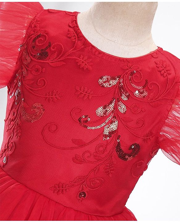 Pine Kids Woven Frill Sleeves Floral Embroidered Party Dress with Sequin Detailing - Scarlet Red