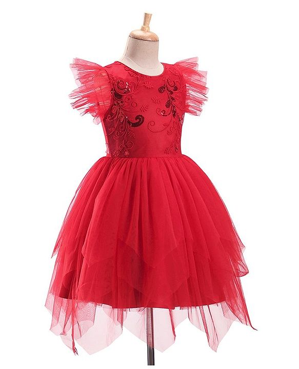 Pine Kids Woven Frill Sleeves Floral Embroidered Party Dress with Sequin Detailing - Scarlet Red